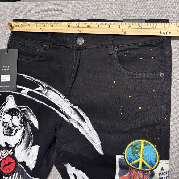Embellish Mens Black Denim Jeans With Graphic Prints & Embroidery Size 34 - Picture 6 of 16